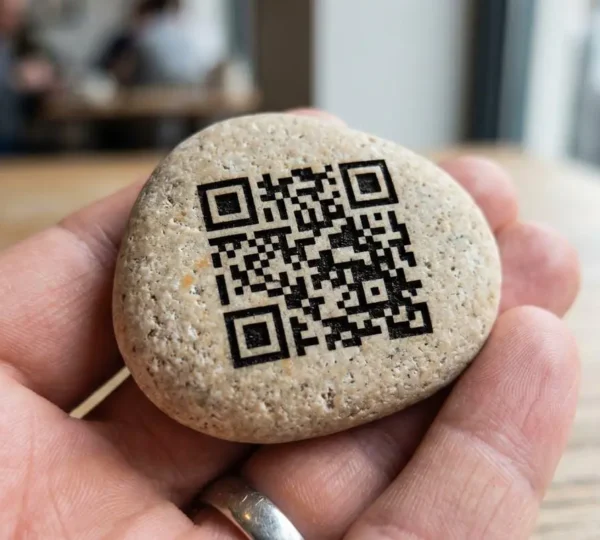 Gros plan extrême sur un QR code gravé au laser sur un galet de pierre polie, montrant les modules géométriques noirs contrastant avec la texture beige du minéral
