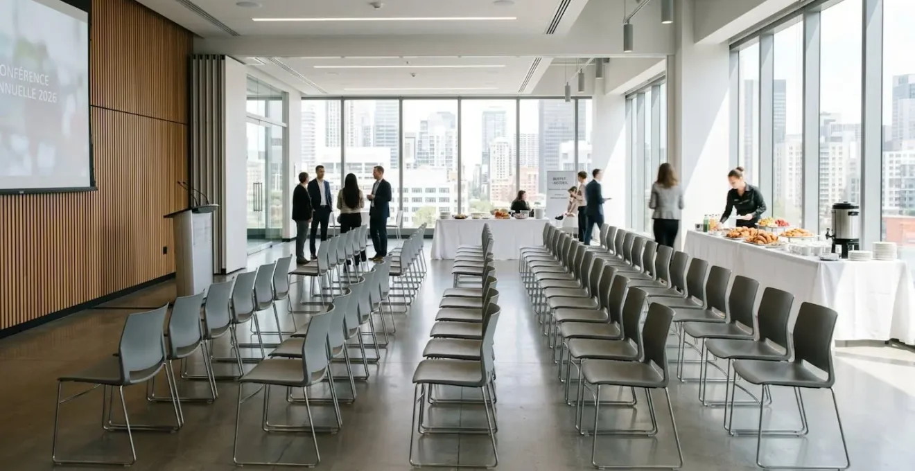 Salle de réunion d'entreprise moderne avec rangées de chaises alignées et table de buffet au fond, baignée de lumière naturelle