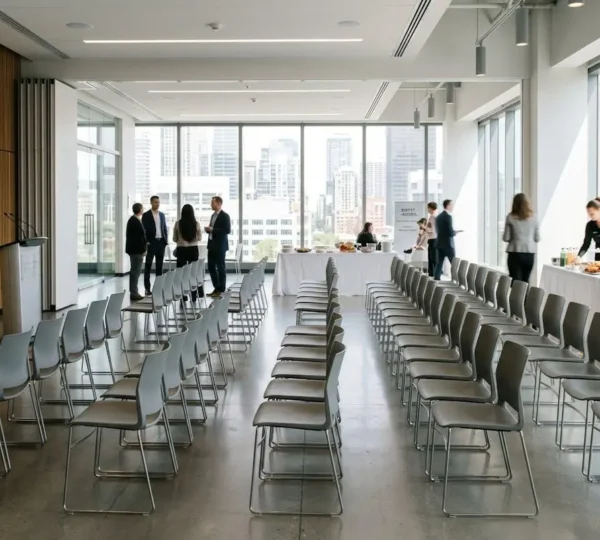 Salle de réunion d'entreprise moderne avec rangées de chaises alignées et table de buffet au fond, baignée de lumière naturelle