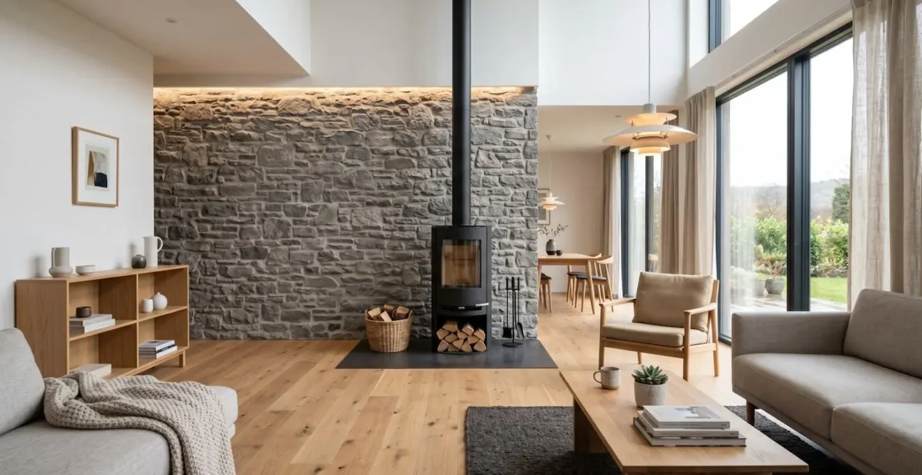 Salon contemporain épuré avec un poêle à bois design intégré dans un mur en pierre, baigné de lumière naturelle par de grandes baies vitrées