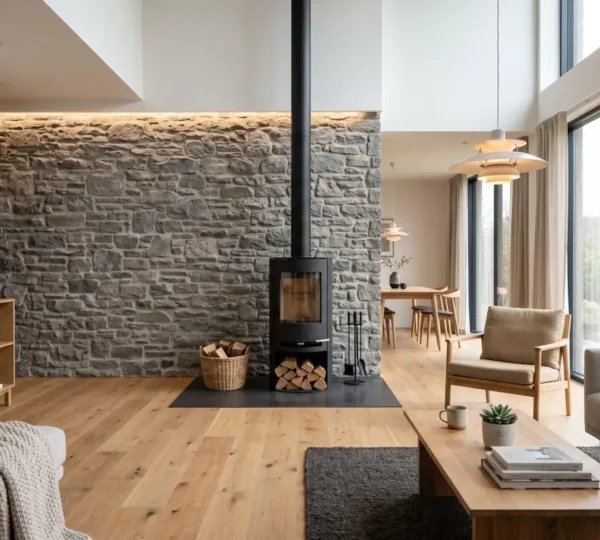 Salon contemporain épuré avec un poêle à bois design intégré dans un mur en pierre, baigné de lumière naturelle par de grandes baies vitrées