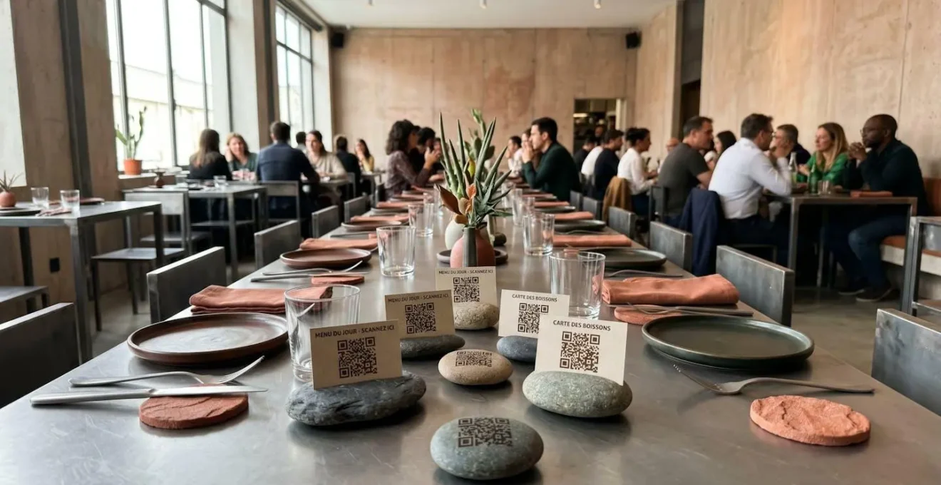 Vue grand angle d'une table de restaurant contemporaine avec galets gravés au laser disposés comme supports de menu, décor minimaliste aux tons rougeâtres évoquant Mars, sans personne au premier plan, lumière naturelle abondante