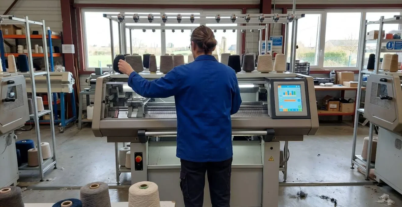 Artisan de dos travaillant sur une machine à tricoter industrielle dans un atelier textile français contemporain éclairé par la lumière naturelle