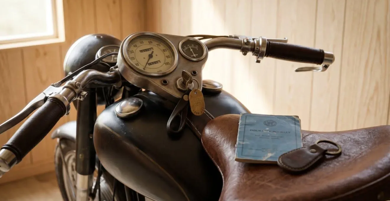 Compteur et selle d'une moto ancienne avec un carnet d'assurance posé dessus, garage baigné de lumière.