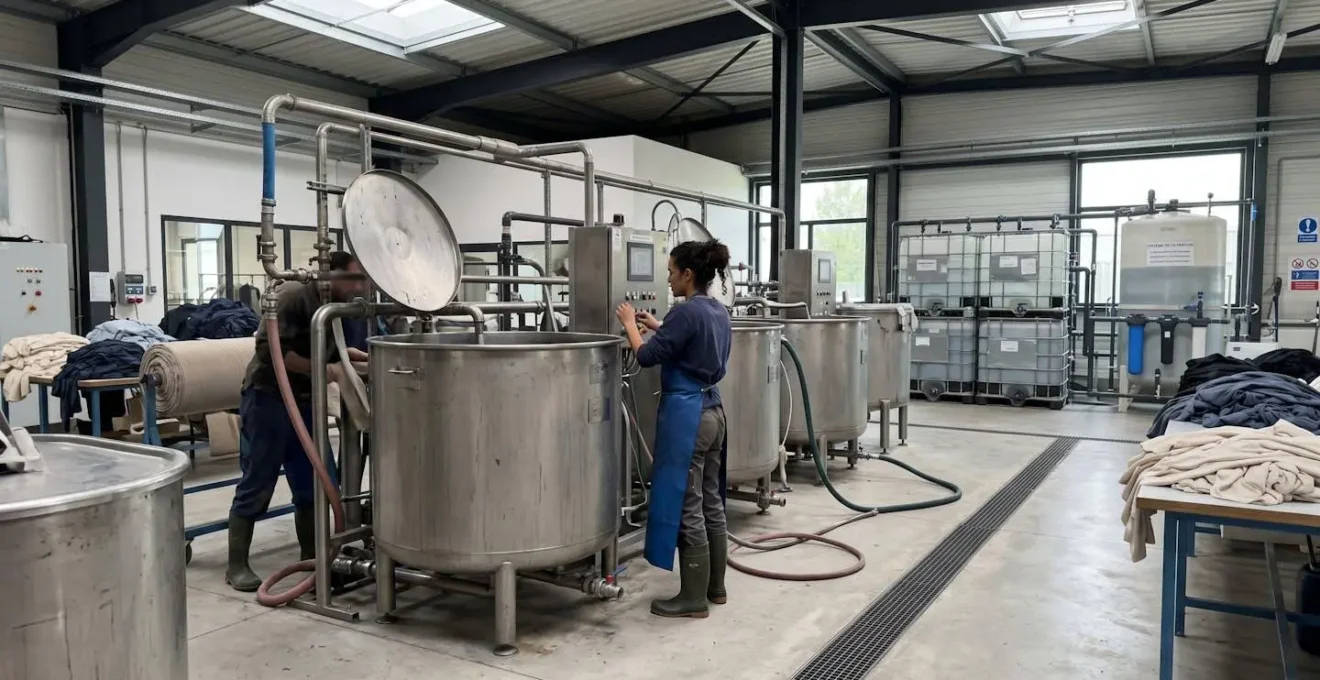 Cuves de teinture métalliques dans un atelier textile avec système de recyclage des eaux visible en arrière-plan