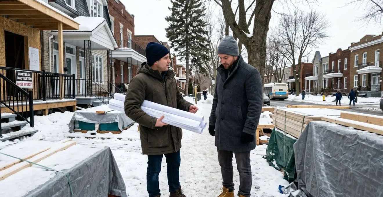 Discussion professionnelle entre propriétaire et entrepreneur sur un chantier résidentiel montréalais, plans enroulés à la main