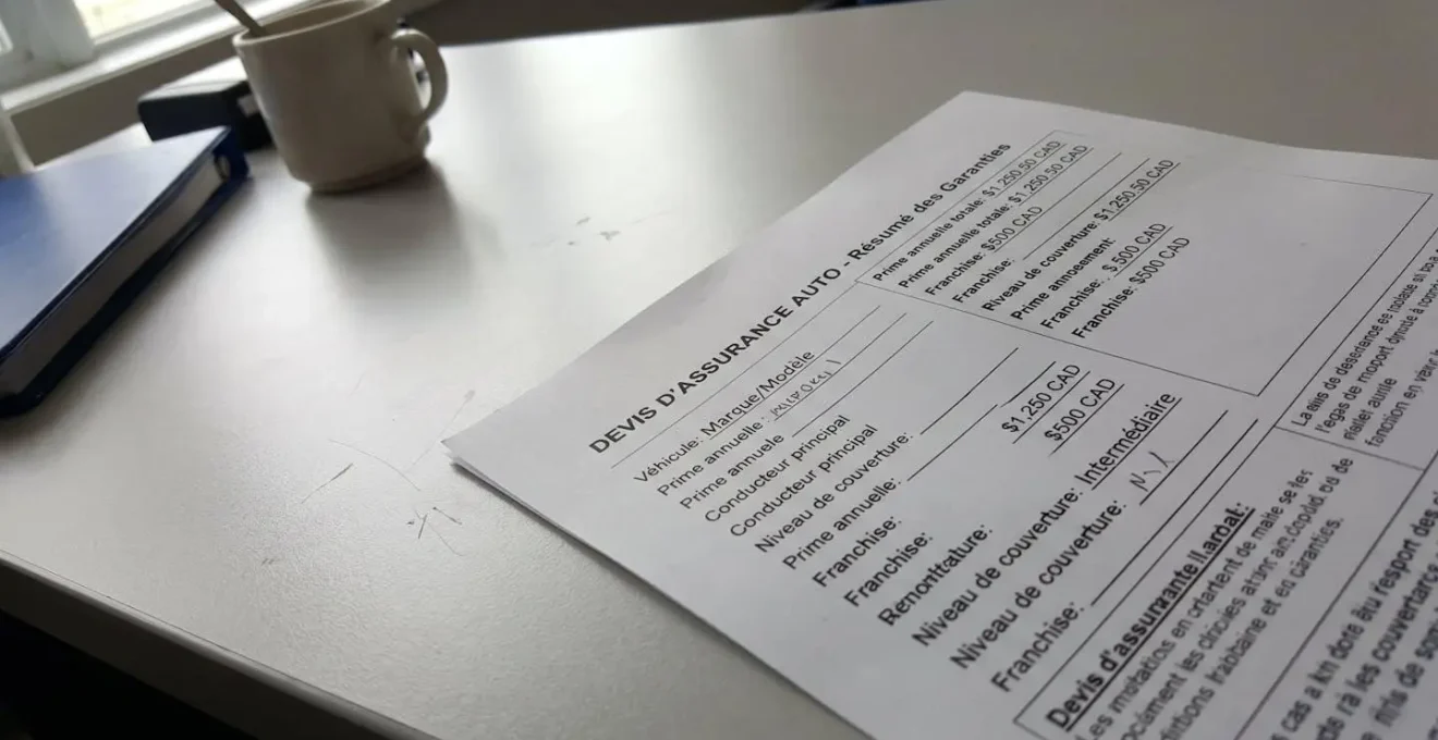 Gros plan sur un document de soumission d'assurance automobile posé sur un bureau, affichant des montants de prime en dollars canadiens
