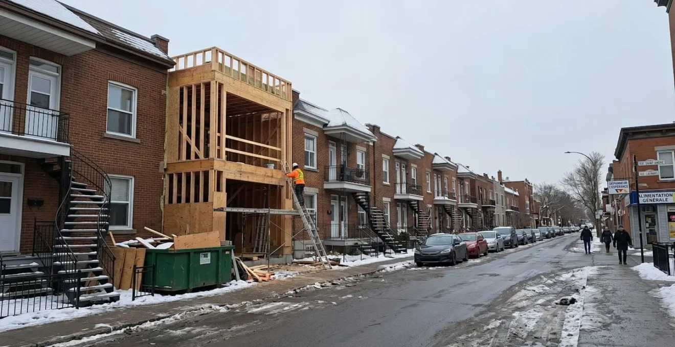 Duplex montréalais typique en brique avec extension latérale en construction, charpente de bois apparente visible depuis la rue