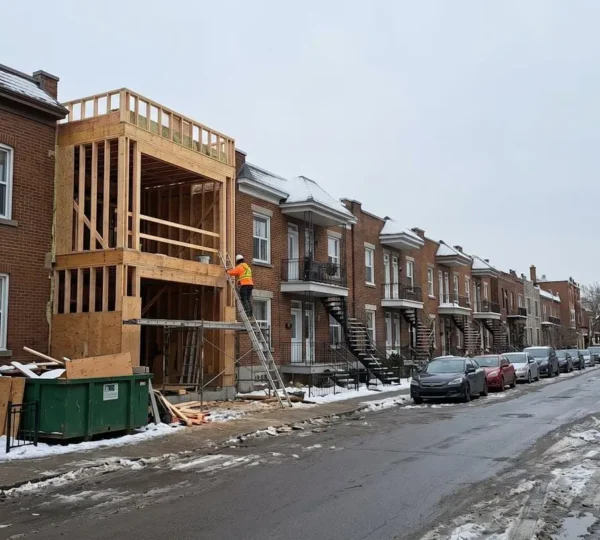 Duplex montréalais typique en brique avec extension latérale en construction, charpente de bois apparente visible depuis la rue