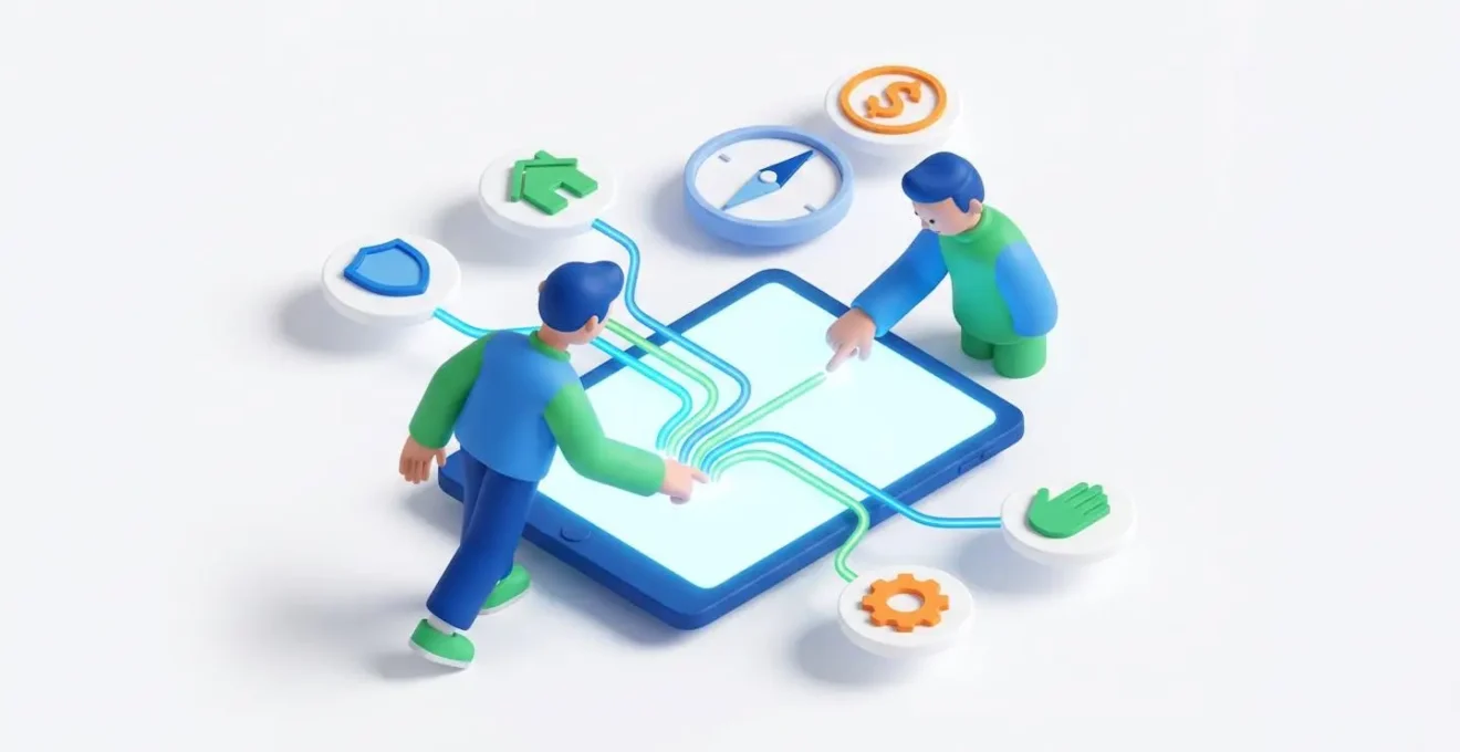 Illustration isométrique d'une personne utilisant une tablette pour comparer des offres d'assurance.