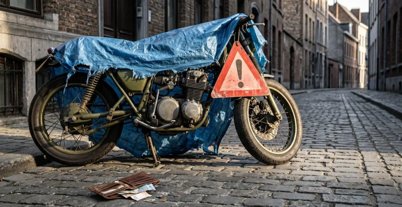 Moto ancienne partiellement bâchée avec un panneau d'avertissement rouge, porte-monnaie ouvert avec billets s'envolant.