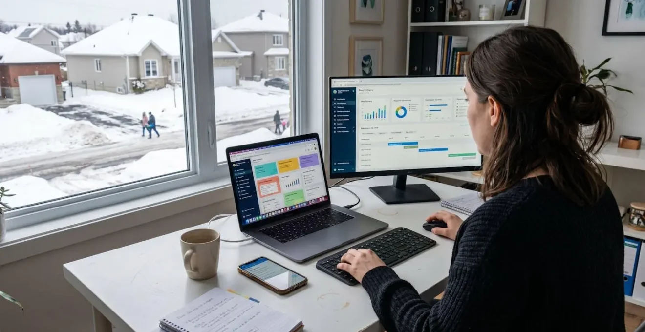 Personne travaillant de dos à son bureau à domicile devant un ordinateur portable, avec vue sur une fenêtre résidentielle en hiver