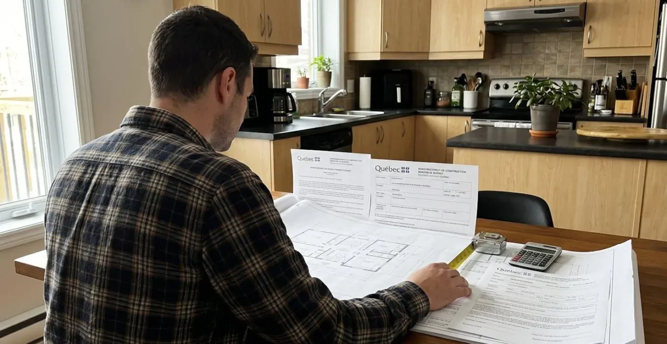 Propriétaire examinant des plans d'extension résidentielle et documents de permis étalés sur une table de cuisine, vue de dos