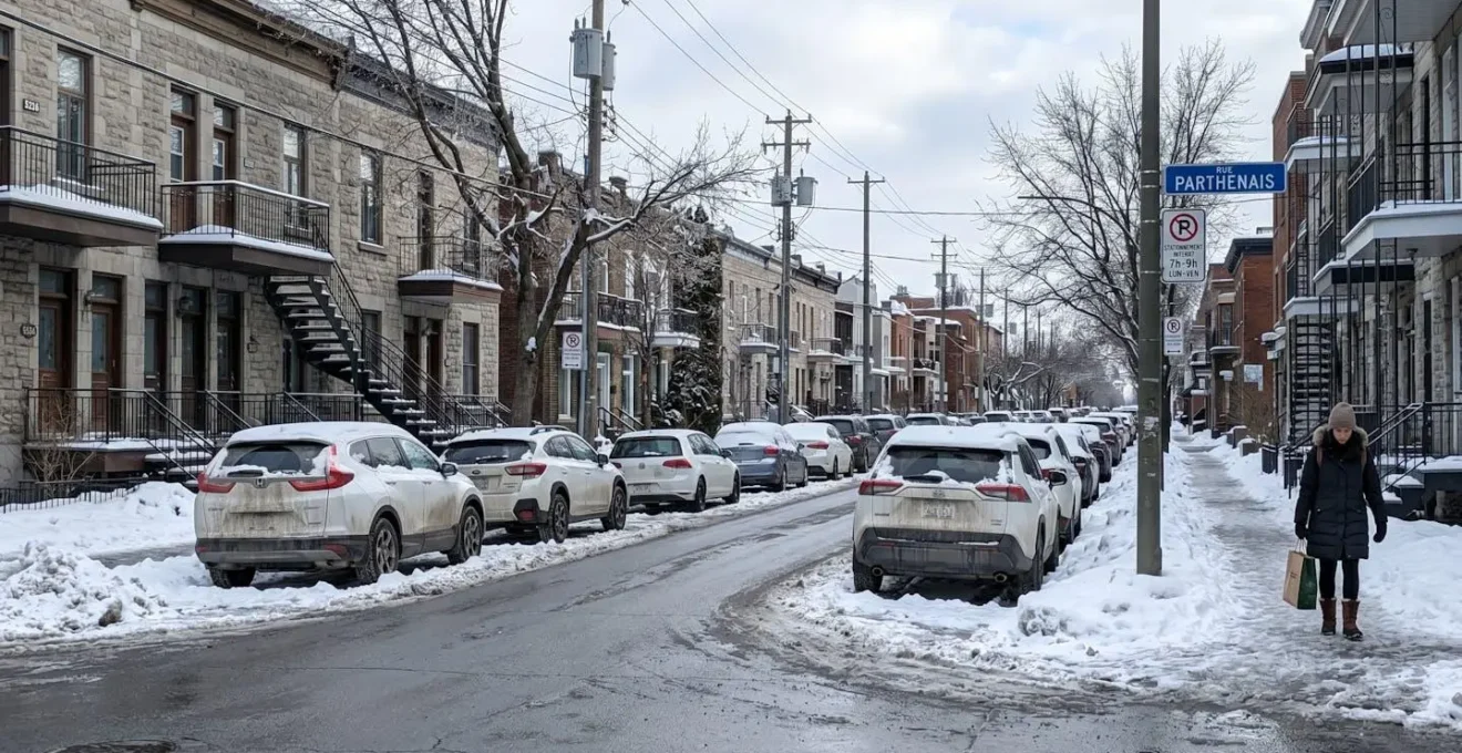 Rue résidentielle d'un quartier montréalais avec plusieurs véhicules stationnés le long d'une rue déneigée, en plein jour hivernal