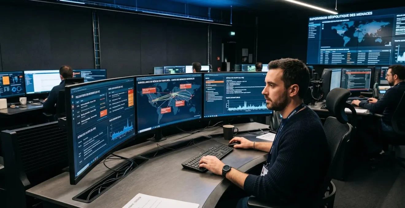 Analyste cybersécurité dans centre opérations sécurité (SOC) surveillant dashboards SIEM temps réel, cartes menaces et alertes sur écrans multiples