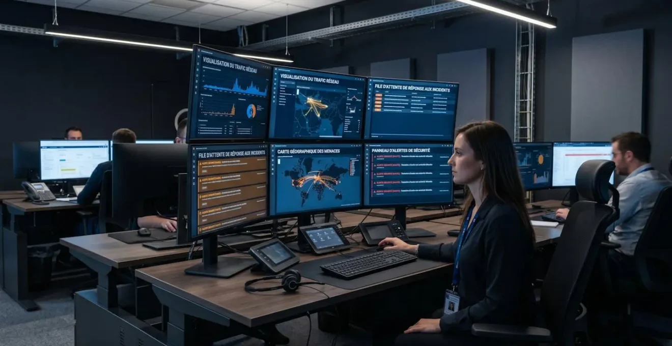 Analyste cybersécurité dans centre opérations sécurité (SOC) surveillant dashboards SIEM temps réel, cartes menaces et alertes sur écrans multiples