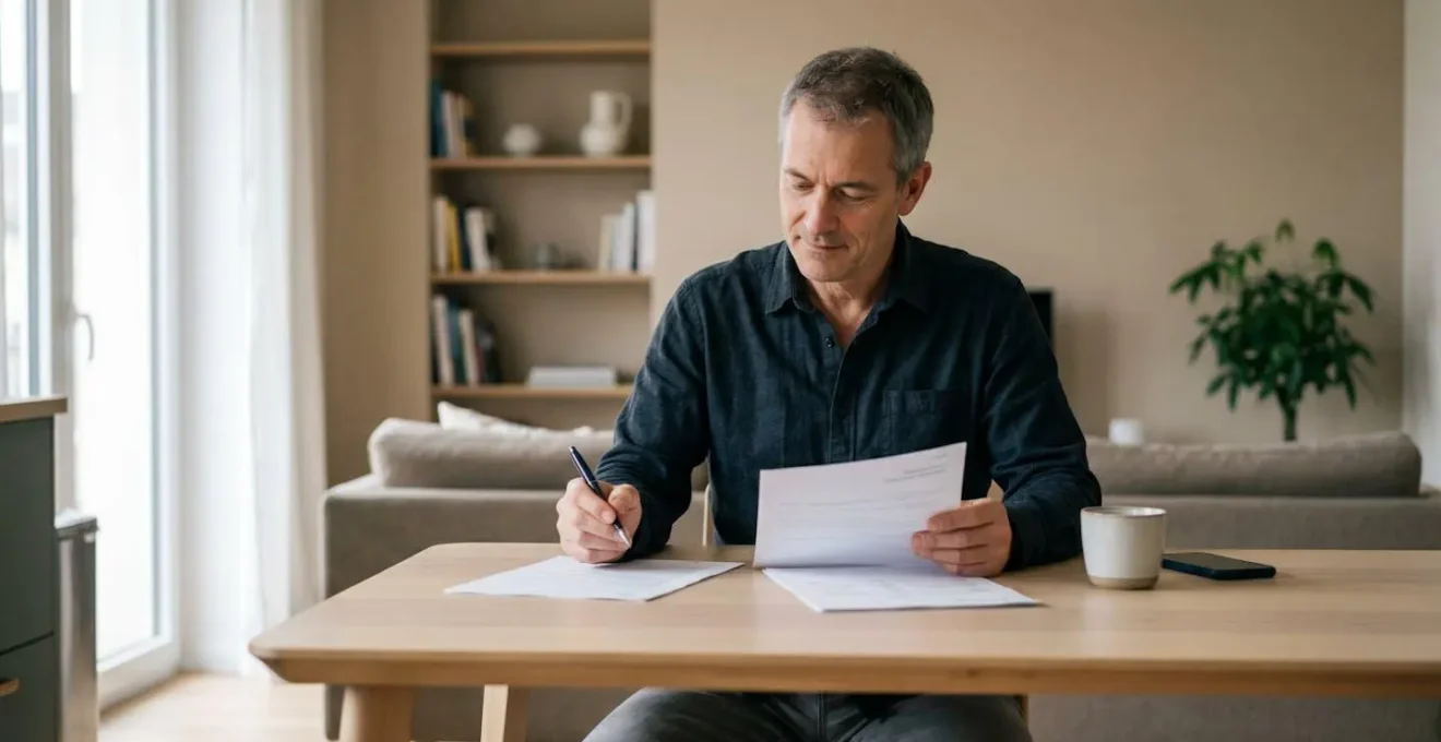 Ancien combattant en tenue civile consultant des documents administratifs et un relevé mutualiste sur une table de cuisine lumineuse en bois clair, lumière naturelle douce, expression sereine et concentrée