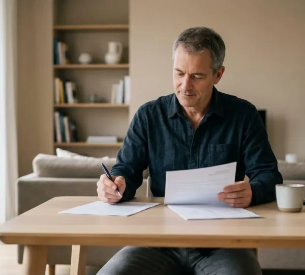 Ancien combattant en tenue civile consultant des documents administratifs et un relevé mutualiste sur une table de cuisine lumineuse en bois clair, lumière naturelle douce, expression sereine et concentrée