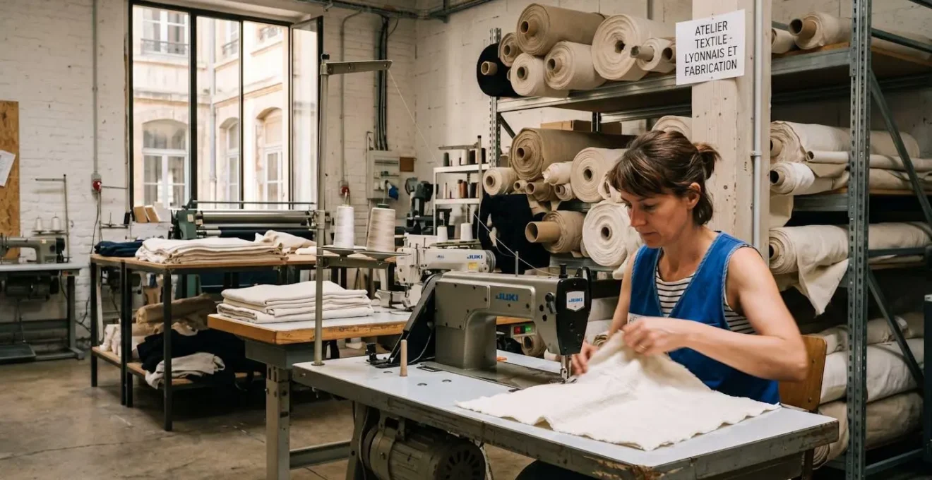 Atelier de confection textile français avec machine à coudre professionnelle travaillant du tissu en coton naturel blanc, mains d'artisan en action et rouleaux de tissus au second plan
