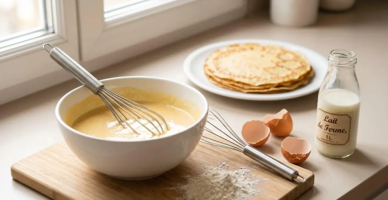 Bol blanc contenant pâte à crêpes dorée avec fouet, œufs et lait sur plan de travail de cuisine moderne, stack de crêpes cuites en arrière-plan