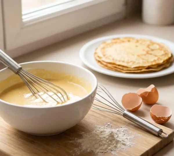 Bol blanc contenant pâte à crêpes dorée avec fouet, œufs et lait sur plan de travail de cuisine moderne, stack de crêpes cuites en arrière-plan