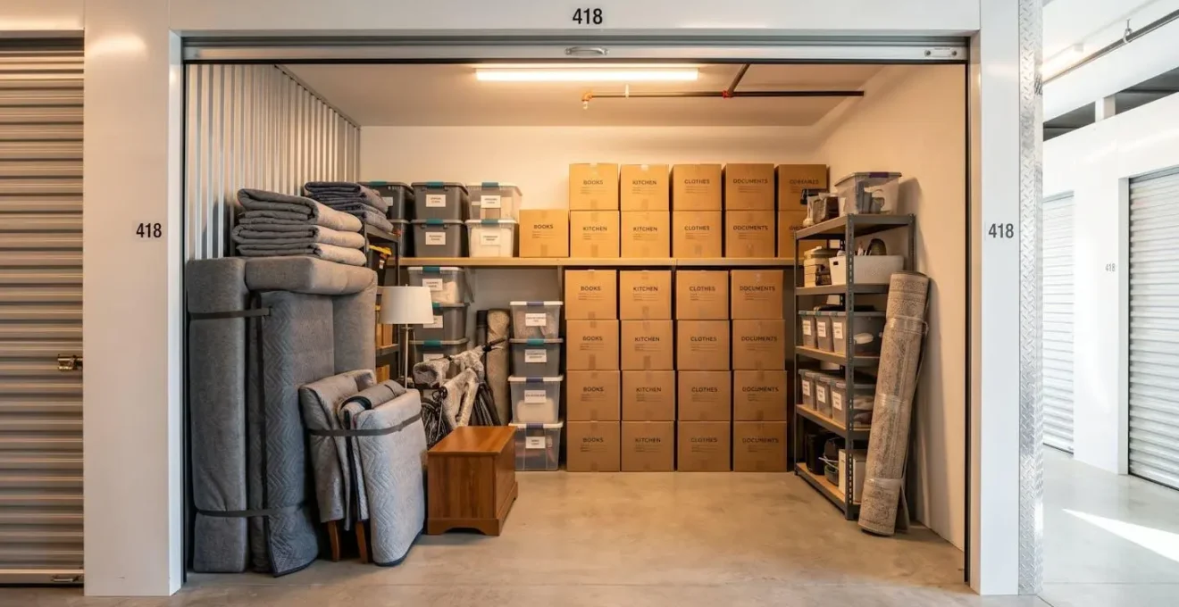 Box de stockage ouvert, lumineux et bien rangé symbolisant l'espace retrouvé et l'ordre au quotidien