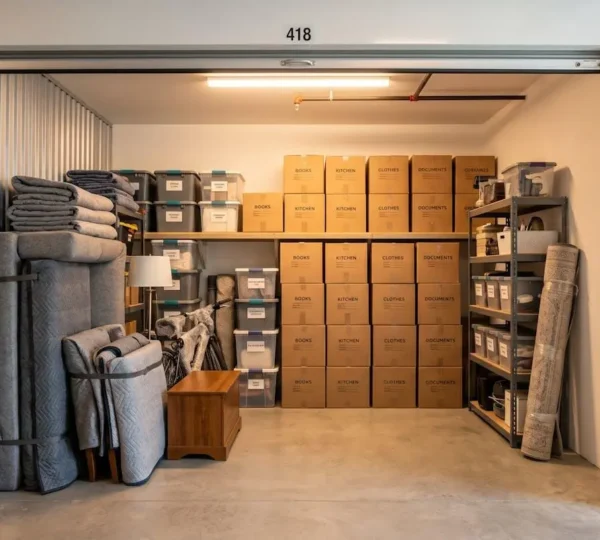 Box de stockage ouvert, lumineux et bien rangé symbolisant l'espace retrouvé et l'ordre au quotidien