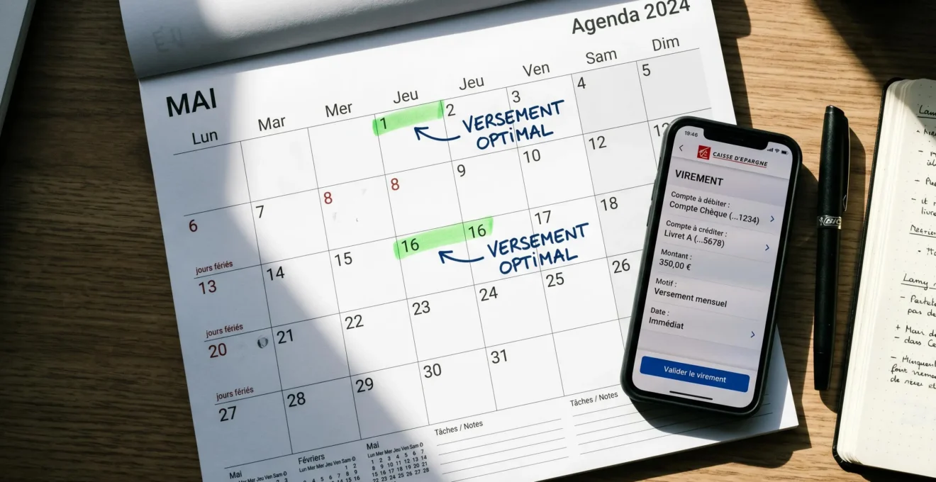 Calendrier français avec annotations manuscrites surlignant les dates optimales de versement (1er et 16 du mois), smartphone affichant l'application Caisse d'Epargne en français, vue de dessus