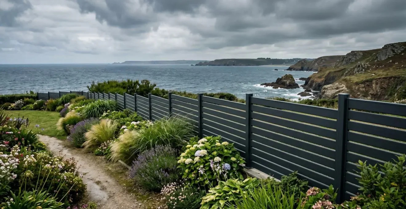 Clôture moderne en aluminium gris anthracite installée devant un jardin en bord de mer en Bretagne, ciel nuageux en arrière-plan