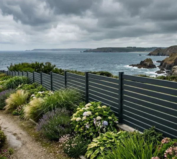 Clôture moderne en aluminium gris anthracite installée devant un jardin en bord de mer en Bretagne, ciel nuageux en arrière-plan
