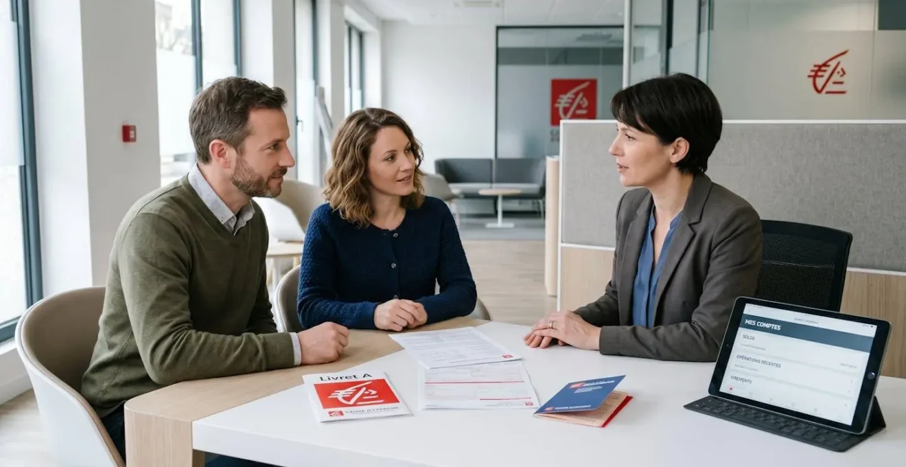 Conseiller bancaire de la Caisse d'Epargne en consultation avec un couple autour d'une table moderne, documents officiels Livret A et tablette affichant une interface de gestion en français visibles