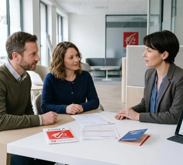 Conseiller bancaire de la Caisse d'Epargne en consultation avec un couple autour d'une table moderne, documents officiels Livret A et tablette affichant une interface de gestion en français visibles