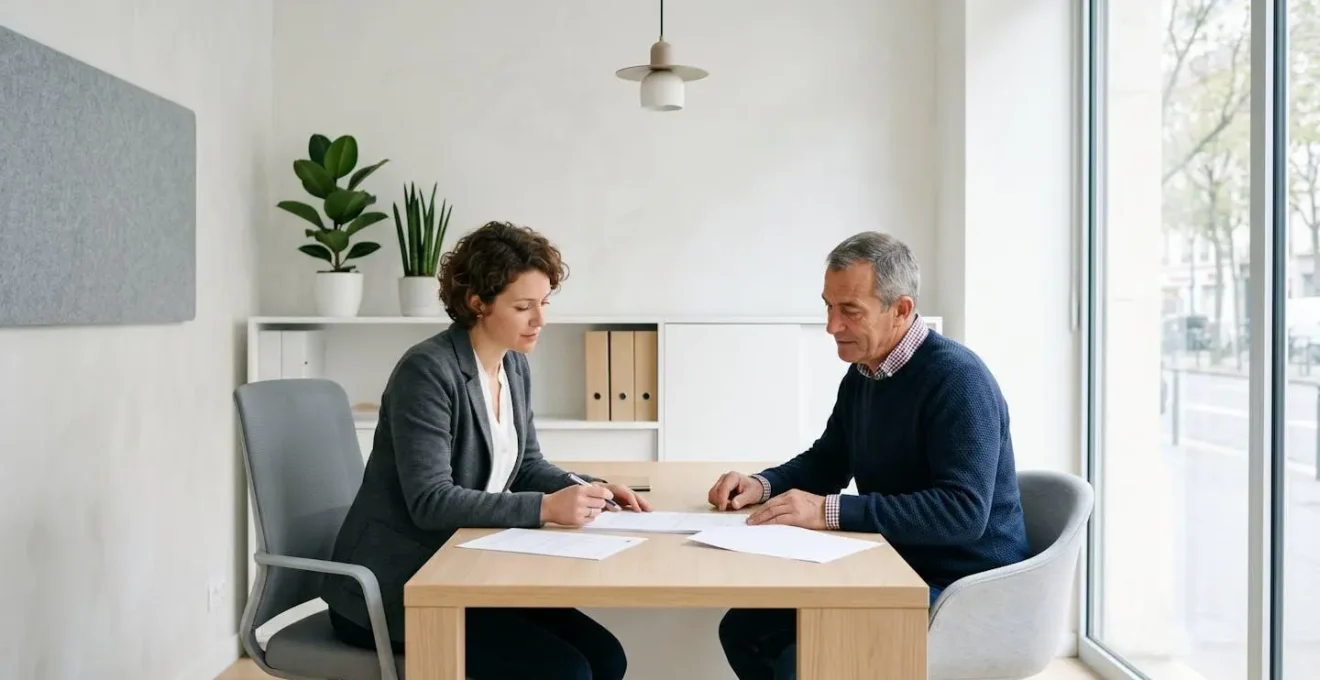 Conseiller mutualiste et ancien combattant assis côte à côte dans une agence contemporaine lumineuse, consultant ensemble des documents administratifs sur un bureau en bois clair