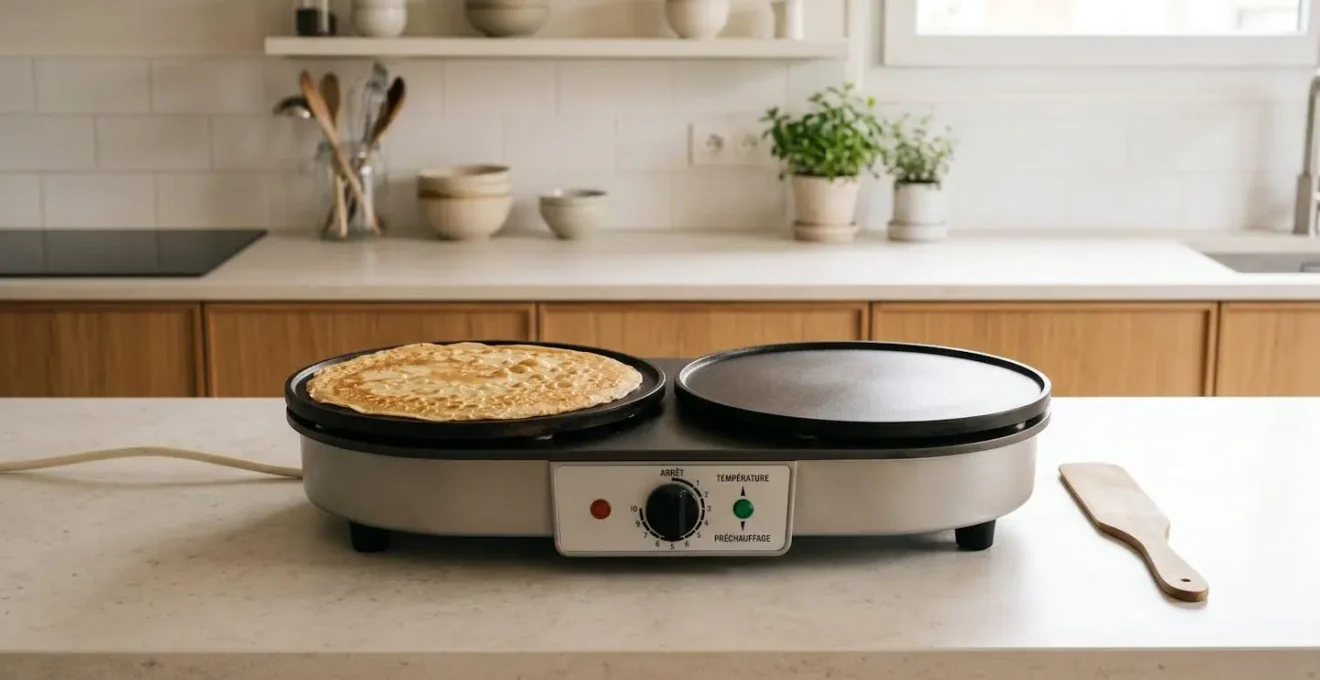 Crêpière électrique double plaque avec crêpe dorée en cuisson montrant résultat uniforme, spatule bois à proximité sur comptoir cuisine moderne