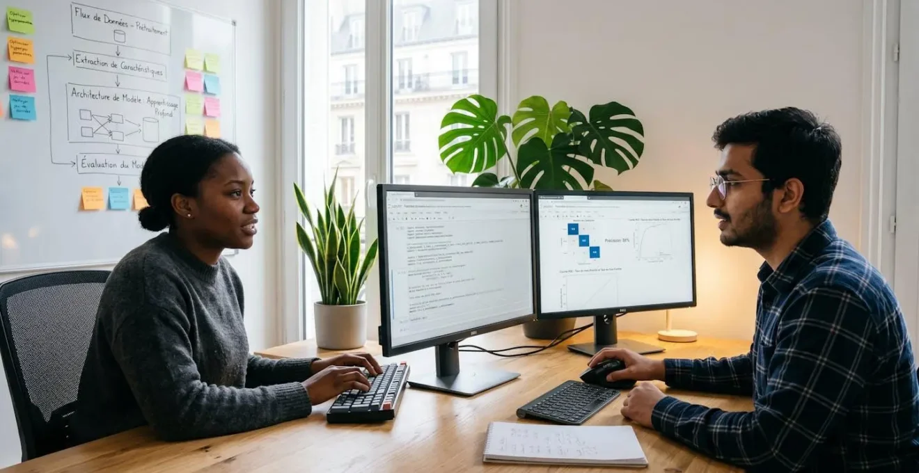 Deux data scientists collaborant sur développement modèle IA, écrans affichant code Python et métriques entraînement, tableau blanc avec architecture ML