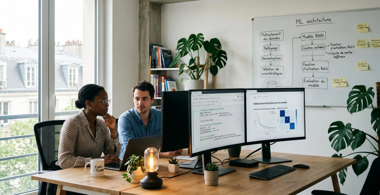 Deux data scientists collaborant sur développement modèle IA, écrans affichant code Python et métriques entraînement, tableau blanc avec architecture ML