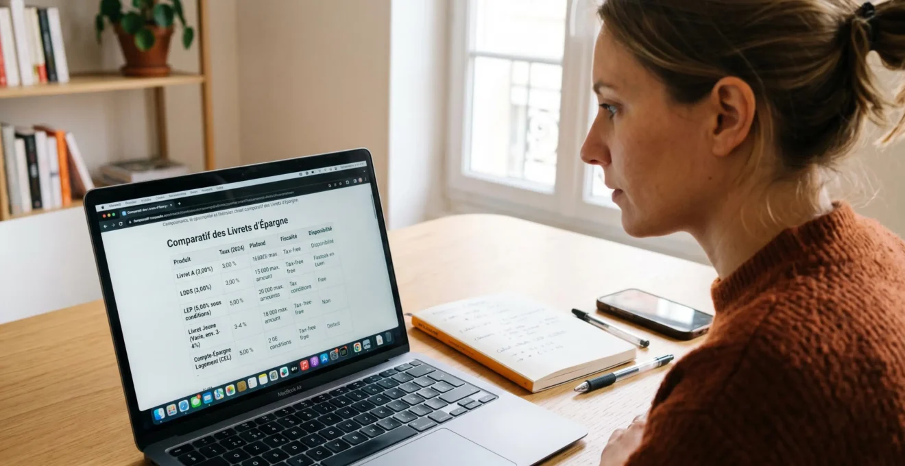 Femme consultant sur un ordinateur portable un tableau comparatif de livrets d'épargne en français, avec carnet de notes et calculs manuscrits, dans un bureau domestique lumineux