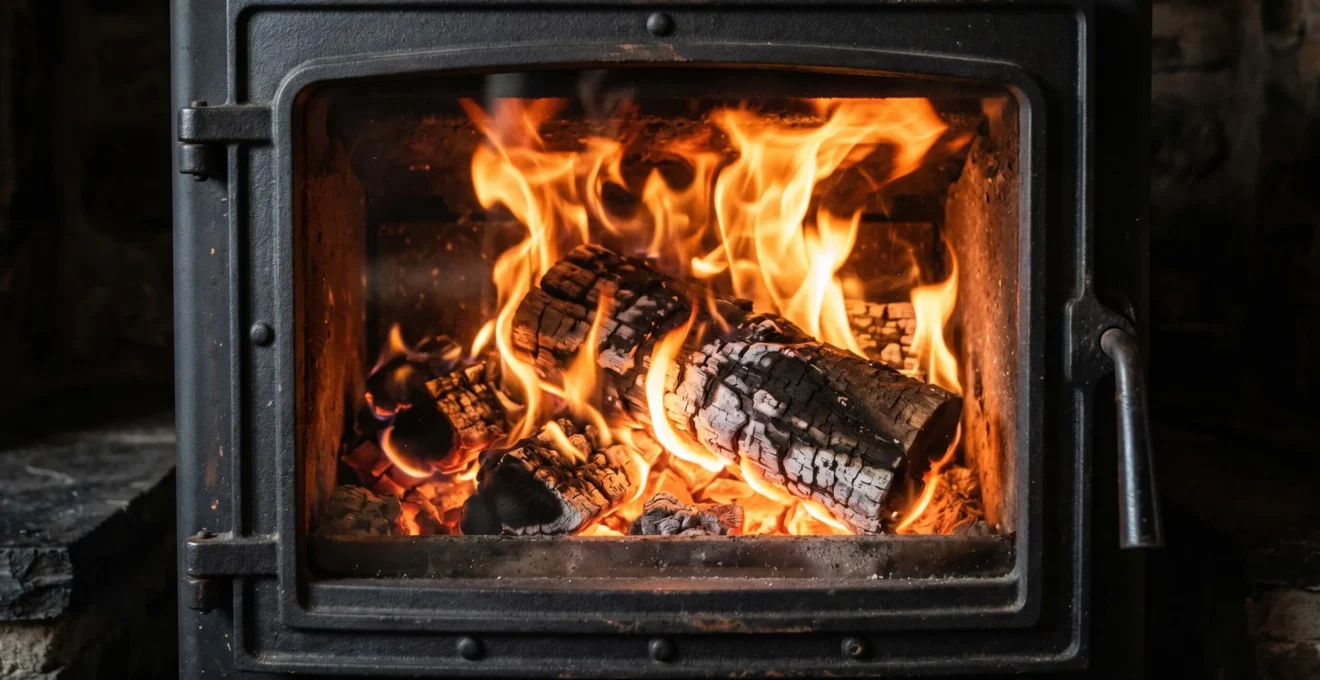 Gros plan sur la vitre d'un petit poêle à bois avec flamme vive et claire, symbole d'une combustion propre conforme EcoDesign