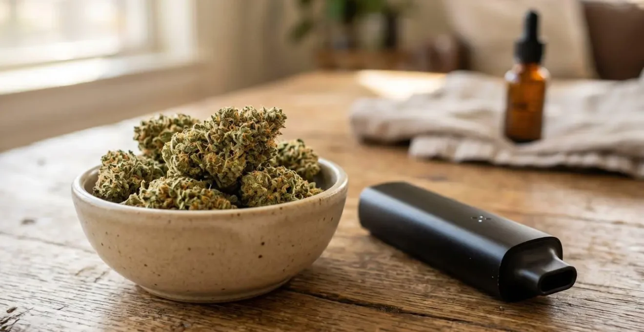 Gros plan sur des fleurs de CBD séchées de qualité premium avec un vaporisateur portable posé à côté sur une table en bois naturel