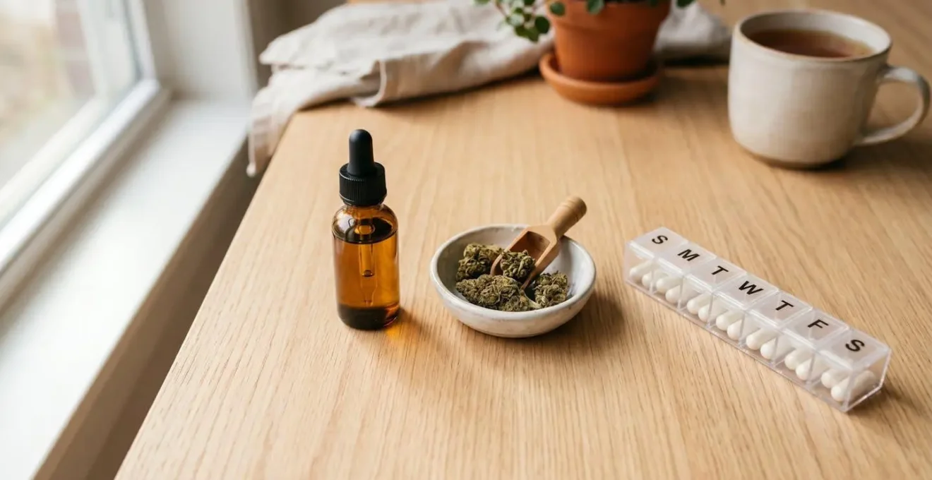Trois formats de CBD côte à côte : flacon d'huile, fleurs séchées et gélules sur une surface naturelle en bois clair