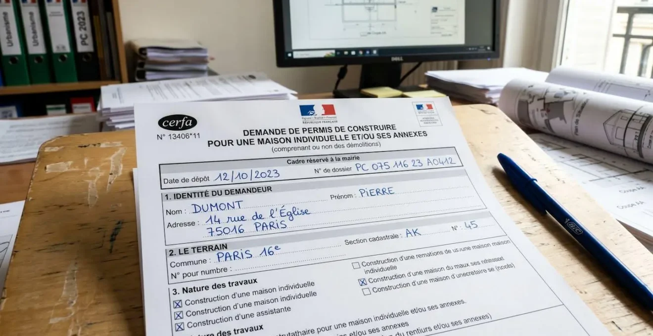 Formulaire CERFA de déclaration préalable de travaux posé sur un bureau avec stylo
