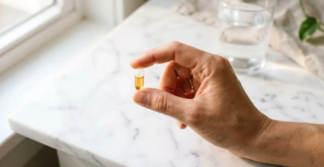Main tenant une gélule de CBD transparente avec un verre d'eau sur une table lumineuse, dans un contexte de routine bien-être matinale