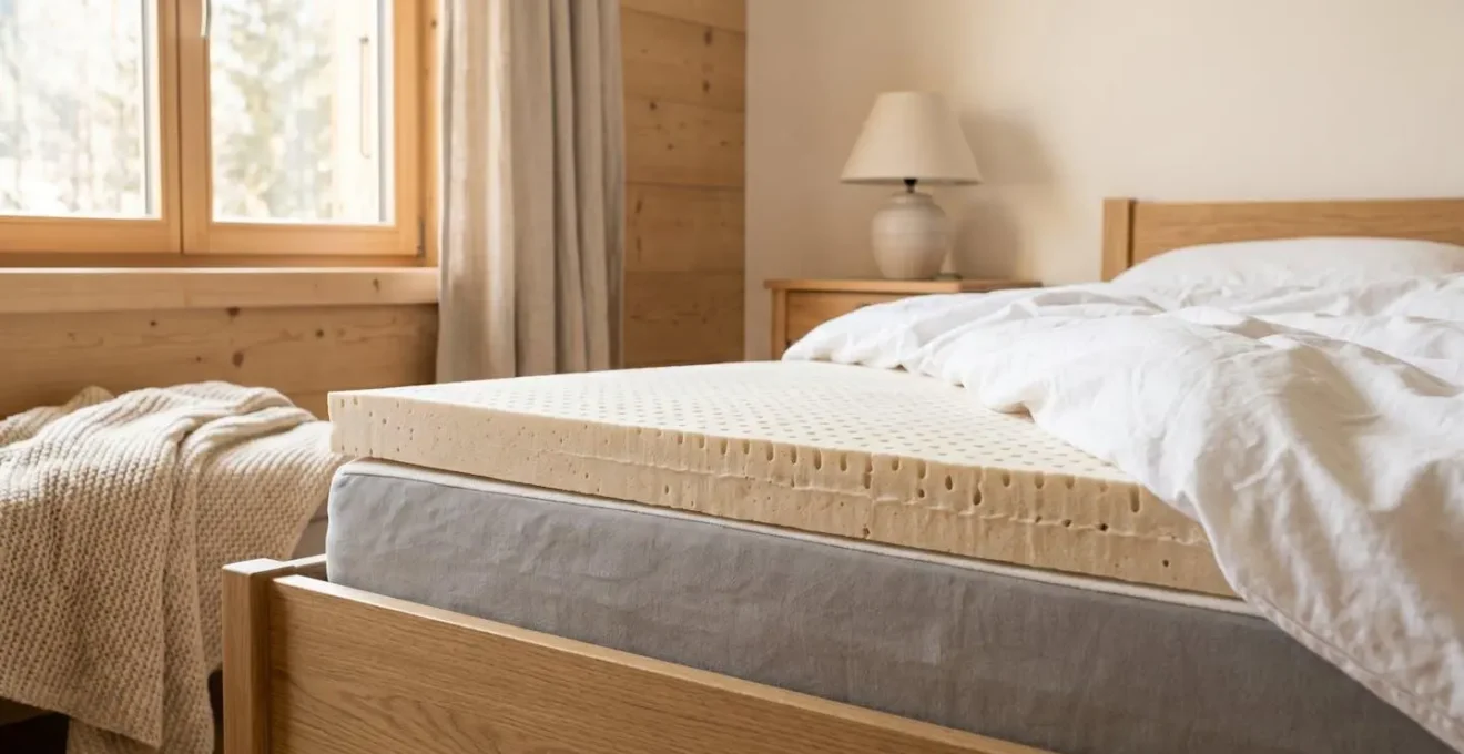 Gros plan sur un sur-matelas en latex naturel de couleur beige posé sur un matelas, avec linge de lit blanc en coton et lumière naturelle douce dans une chambre au décor épuré