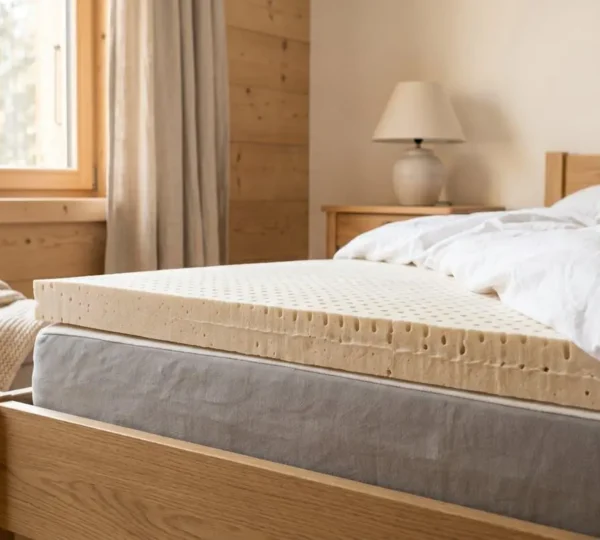 Gros plan sur un sur-matelas en latex naturel de couleur beige posé sur un matelas, avec linge de lit blanc en coton et lumière naturelle douce dans une chambre au décor épuré