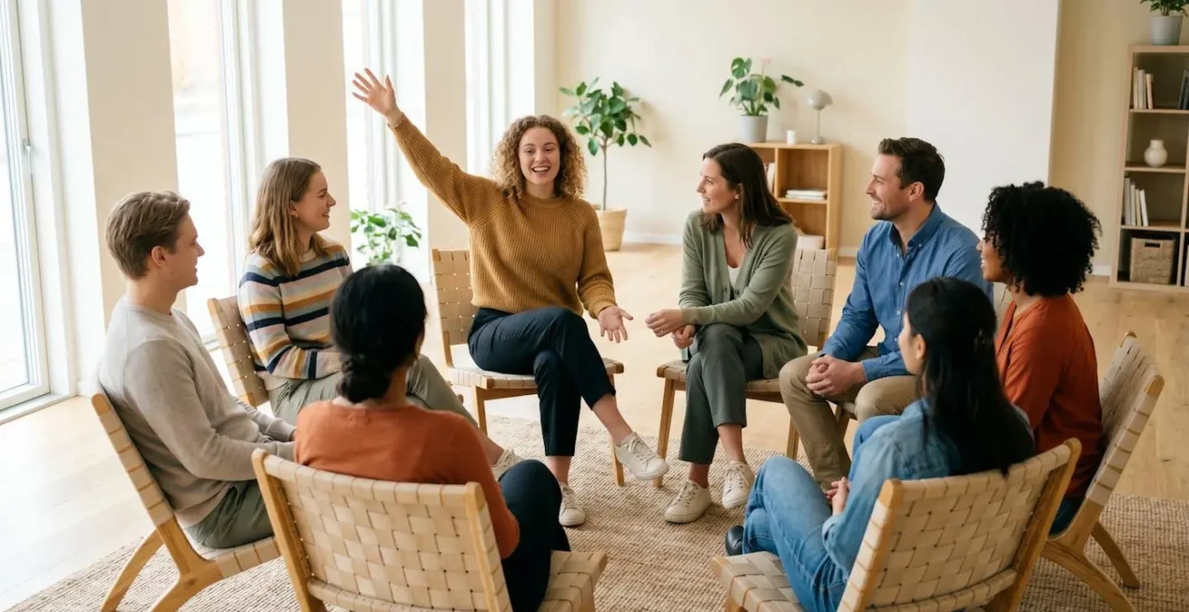Un groupe de participants souriants en cercle dans un atelier d'improvisation lumineuse
