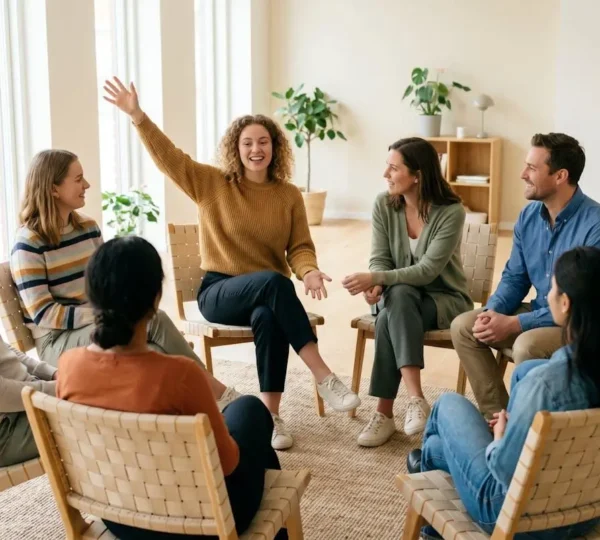 Un groupe de participants souriants en cercle dans un atelier d'improvisation lumineuse