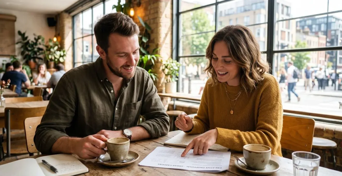 Deux personnes assises dans un café discutant autour d'un document, expressions attentives, ambiance lumineuse et urbaine