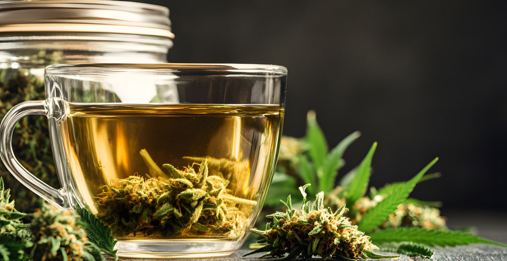 Tasse d'infusion à base de fleurs de CBD posée sur une table en bois, ambiance chaleureuse et apaisante