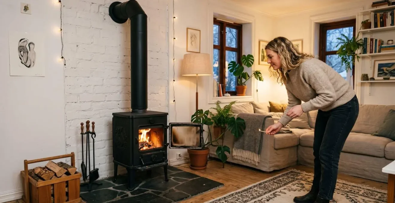 Vue d'ensemble d'un petit salon avec poêle à bois compact installé contre un mur, conduit de fumée visible, personne debout à proximité