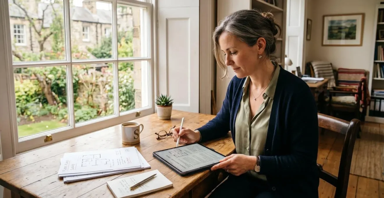 Investisseur consultant des fiches de biens LMNP sur une tablette dans un bureau lumineux